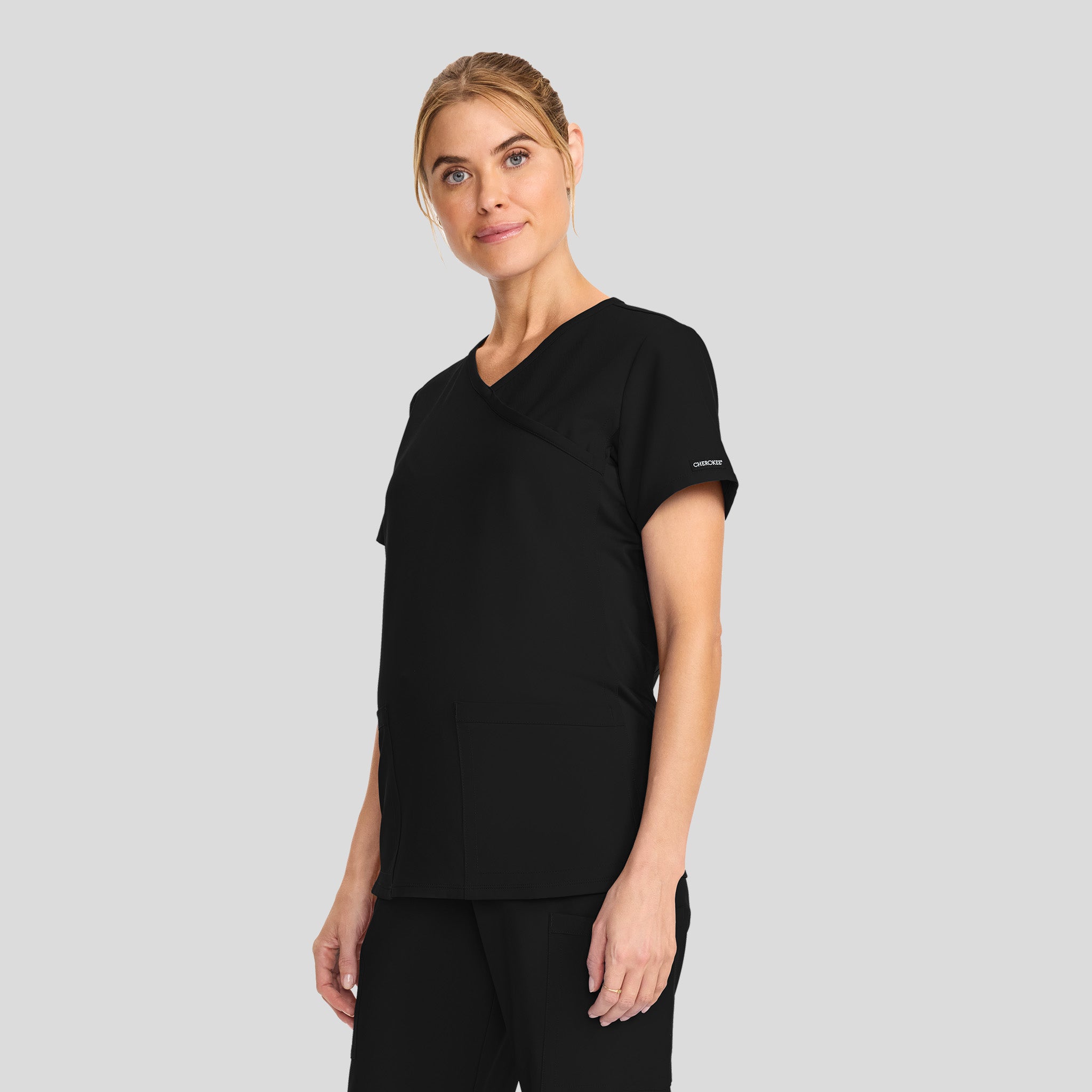 Maternity 2-Pocket Mock Wrap Scrub Top | Black