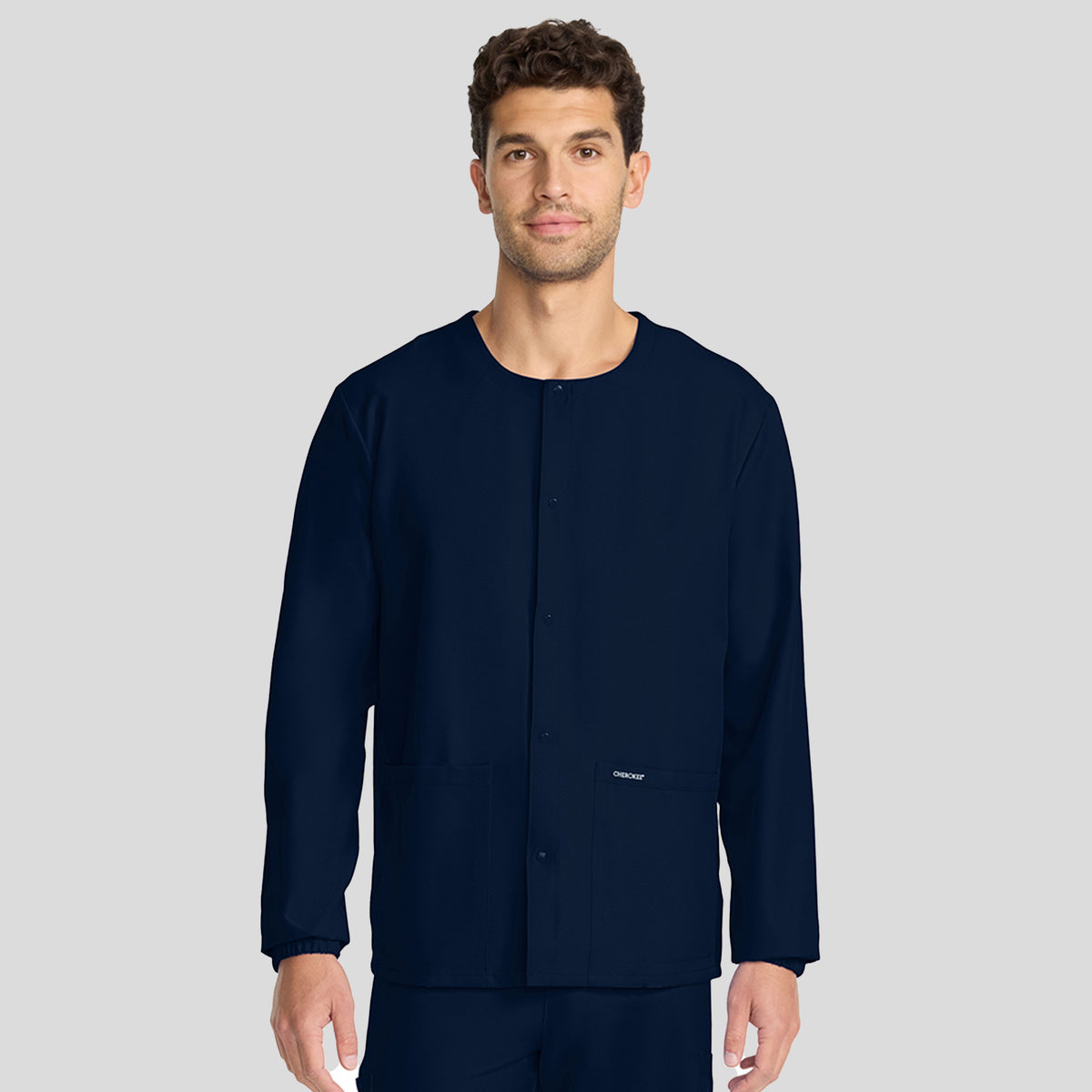 Unisex Snap-Front Crew Neck Scrub Jacket | Navy