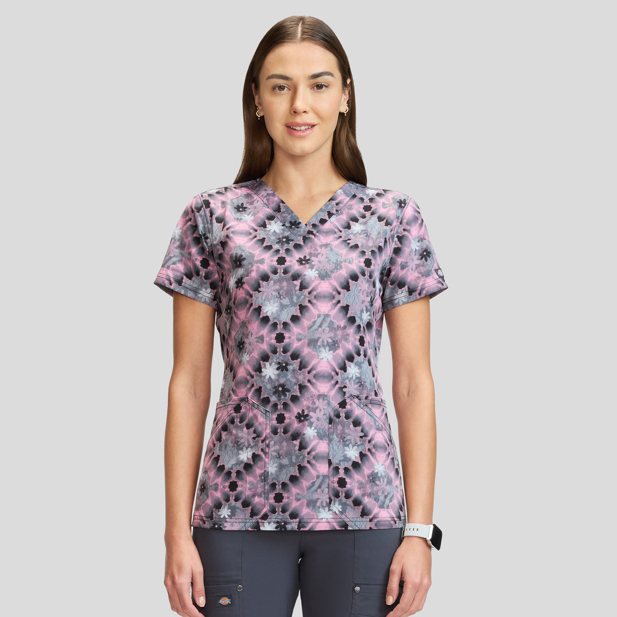 Women's Tie Dye Buds Print Scrub Top