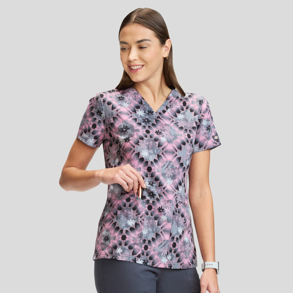 Women's Tie Dye Buds Print Scrub Top