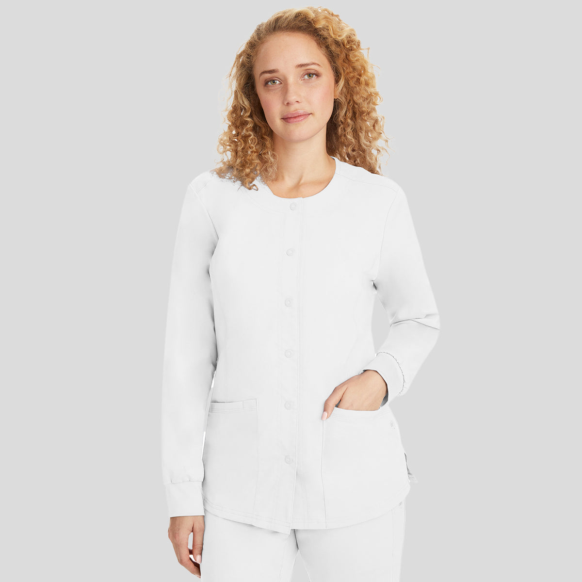 Daisy Snap Front Warm-Up Solid Scrub Jacket | White