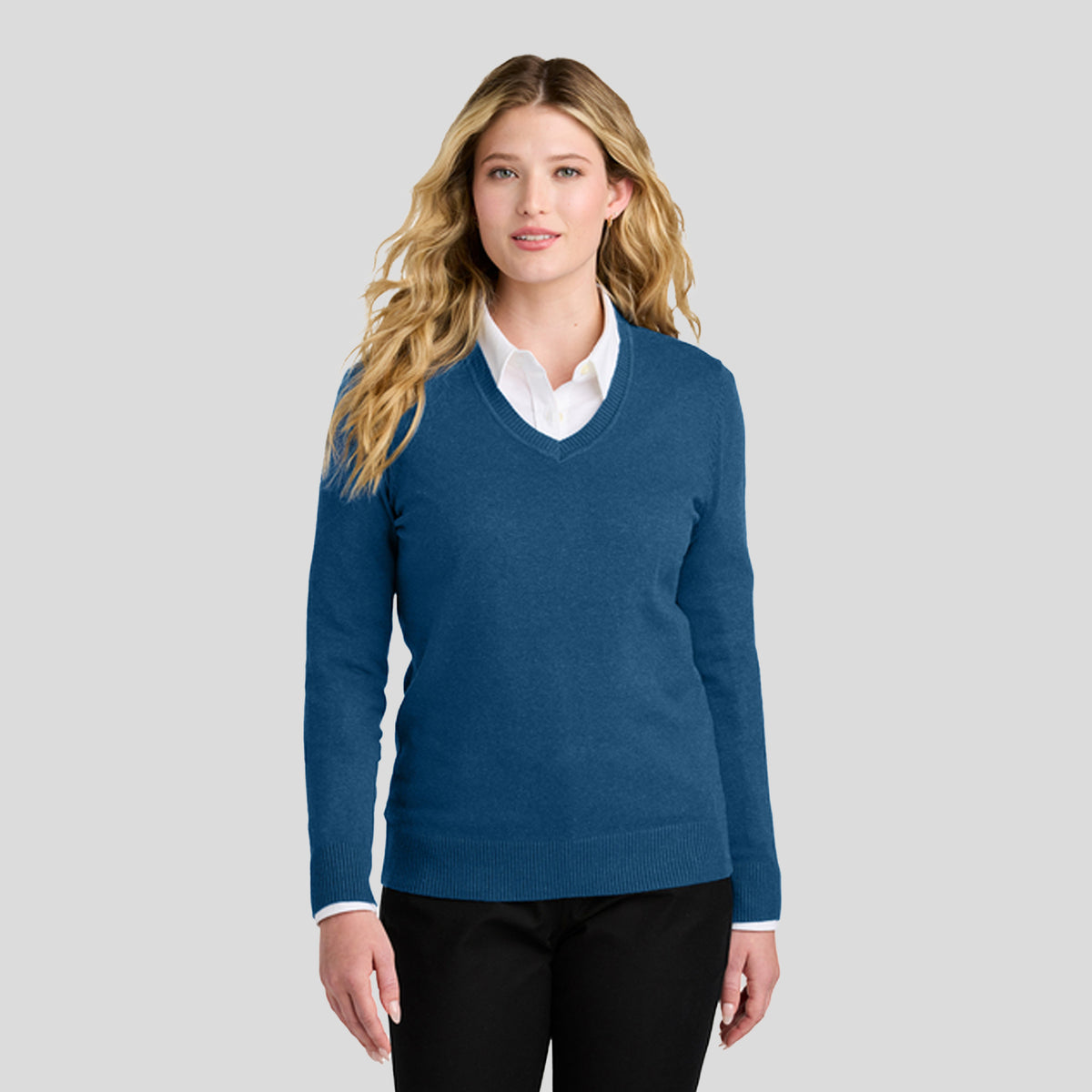Womenβs Easy Care V-Neck Sweater | Aegean Blue Heather
