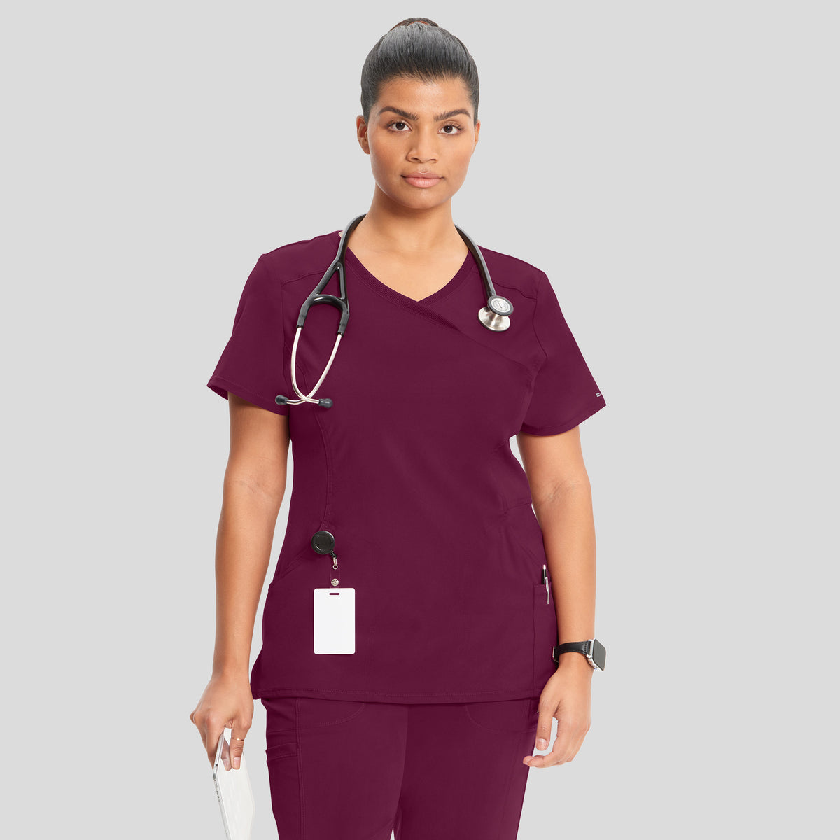 Infinity Mock Wrap Solid Scrub Top | Wine