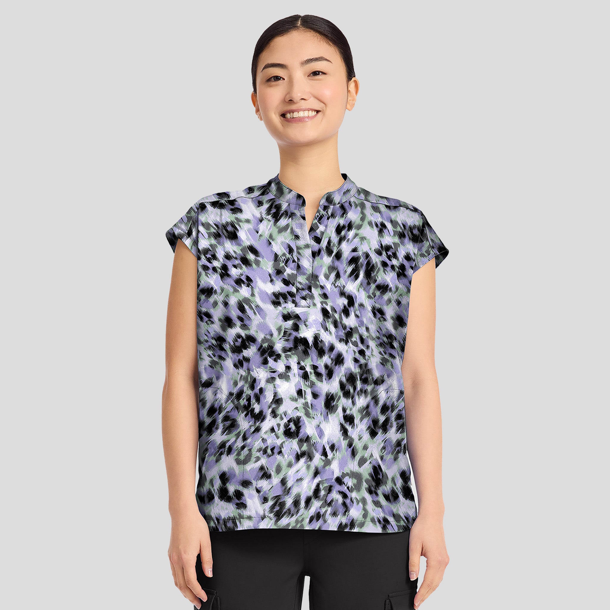 Journey Blurred Cheetah Print Scrub Top