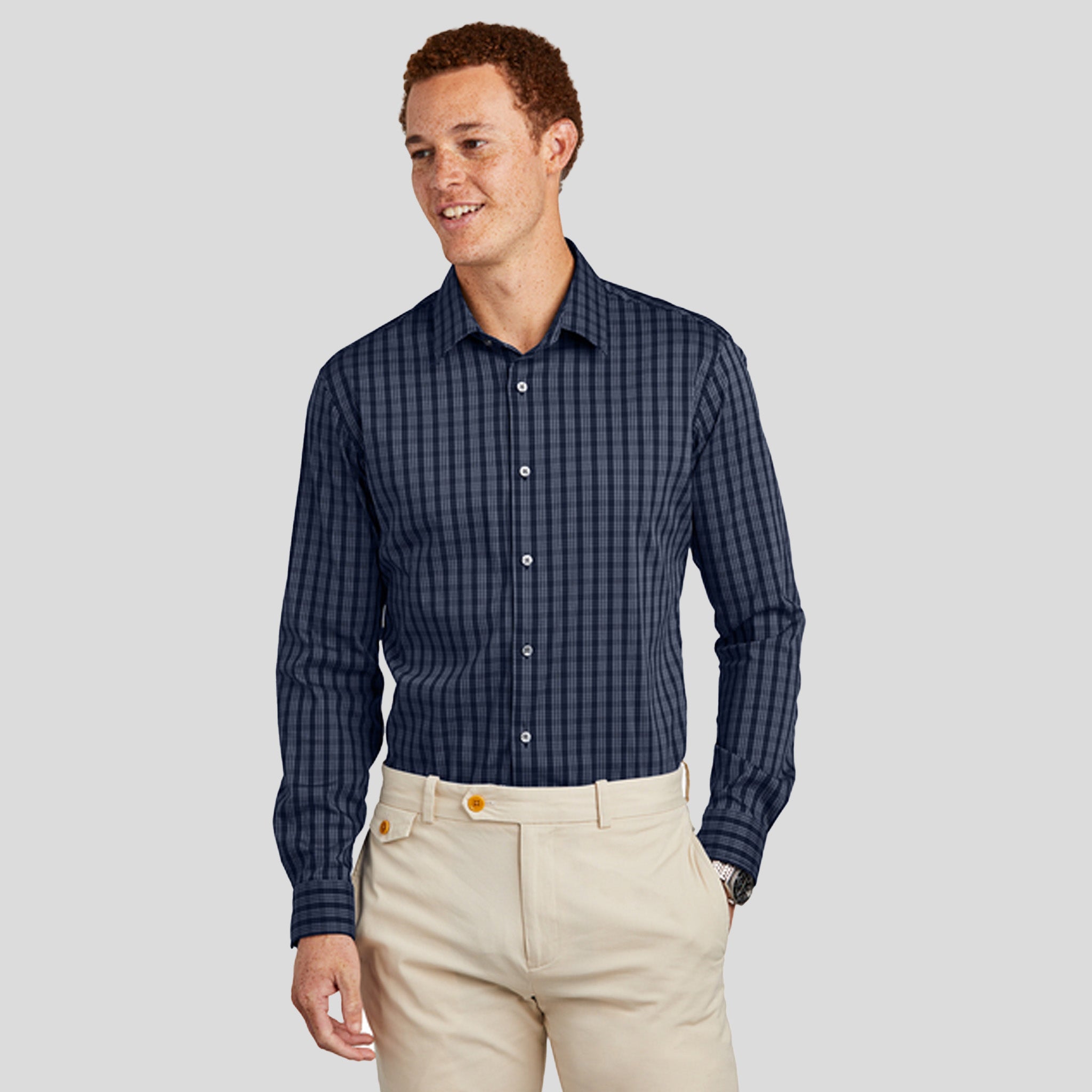Tech Stretch Patterned Shirt | Navy Blazer/White Grid Check