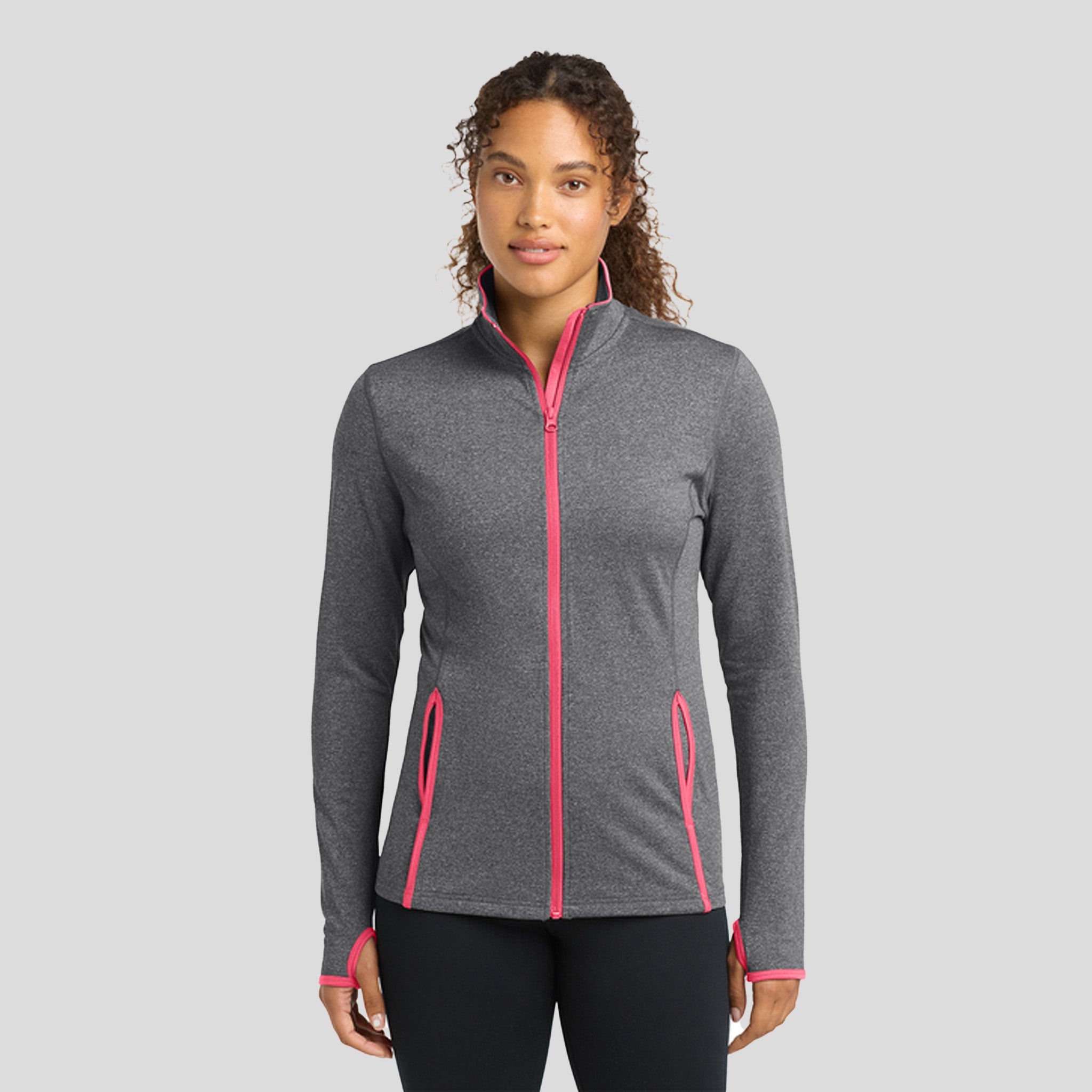 Women's Sport-Wick® Stretch Contrast Full-Zip Jacket | Charcoal Grey Heather/Hot Coral