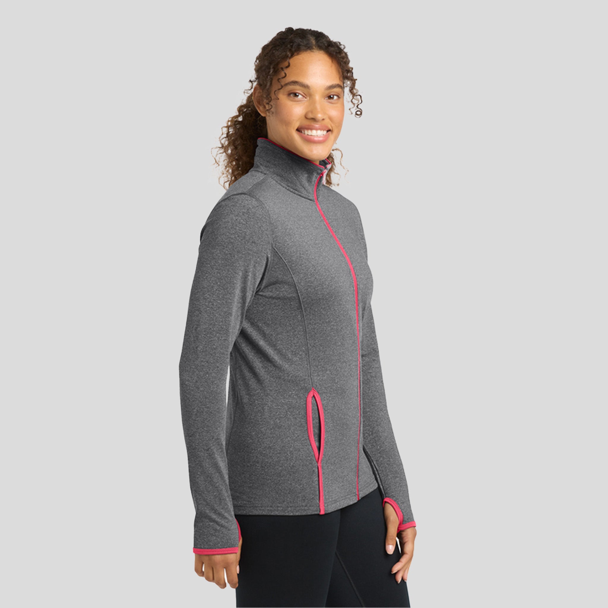 Women's Sport-Wick® Stretch Contrast Full-Zip Jacket | Charcoal Grey Heather/Hot Coral